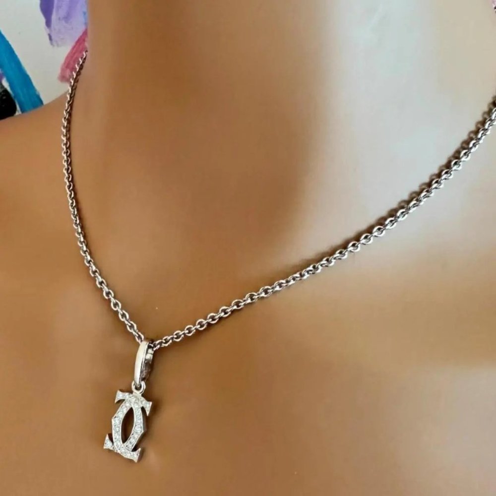 Authentic! Cartier Double C 18k White Gold Diamond Pendant Necklace - Picture 9 of 12